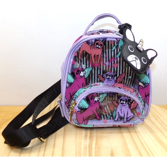 Betsey Johnson Mini Backpack Pug Unicorn Clear Front with Multicolor Pugs READ - Picture 1 of 10